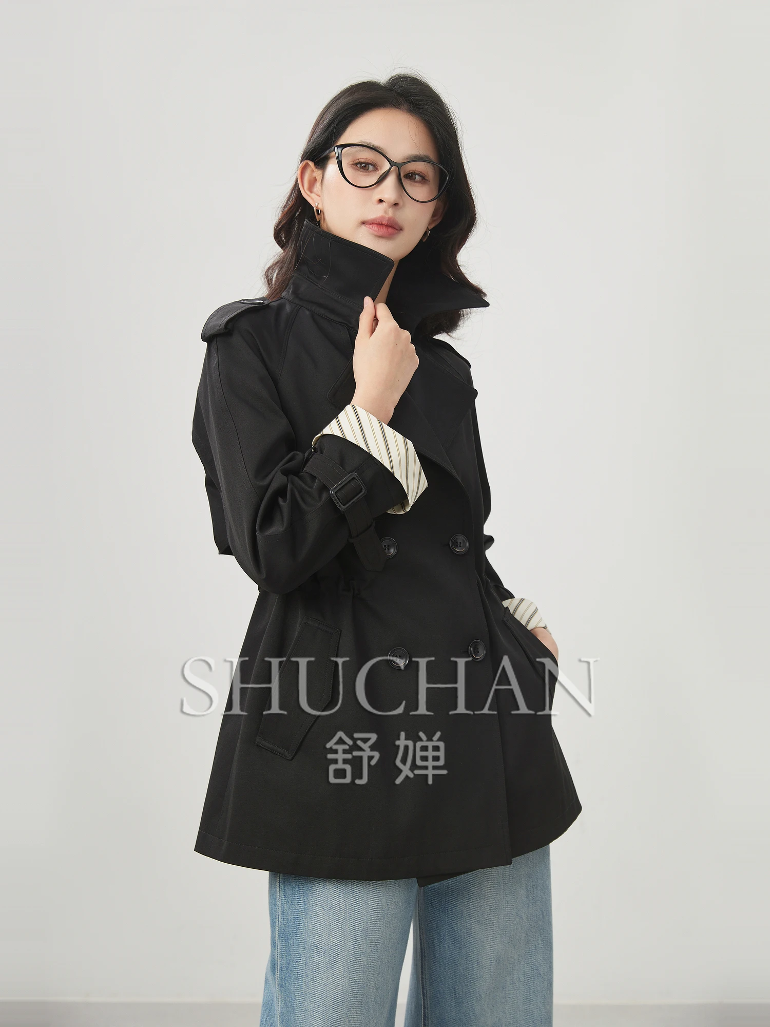 good quality, twill cotton feel, removable contrasting cuffs, double-breasted trench coat 25 spring