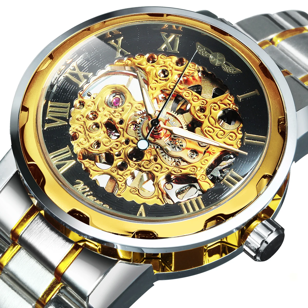 WINNER Vintage Gold Skeleton Mechanical Watch for Men Luminous Hands Stainless Steel Strap Classic Luxury Hand Winding Watches