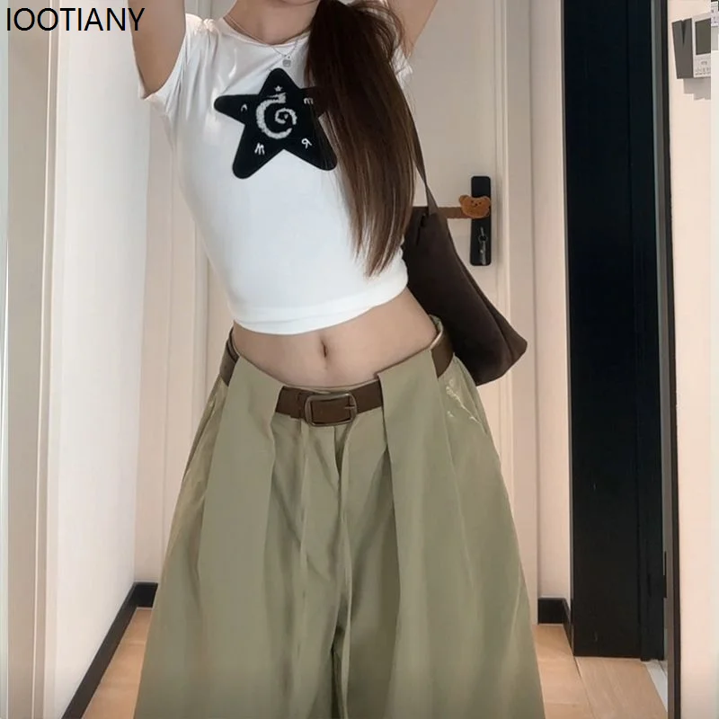 White Basic Wide-leg Pants Women's Solid Color Korean Style Fashion Parachute Pants Loose Lace Summer Hip-hop Scissor Pants 2025