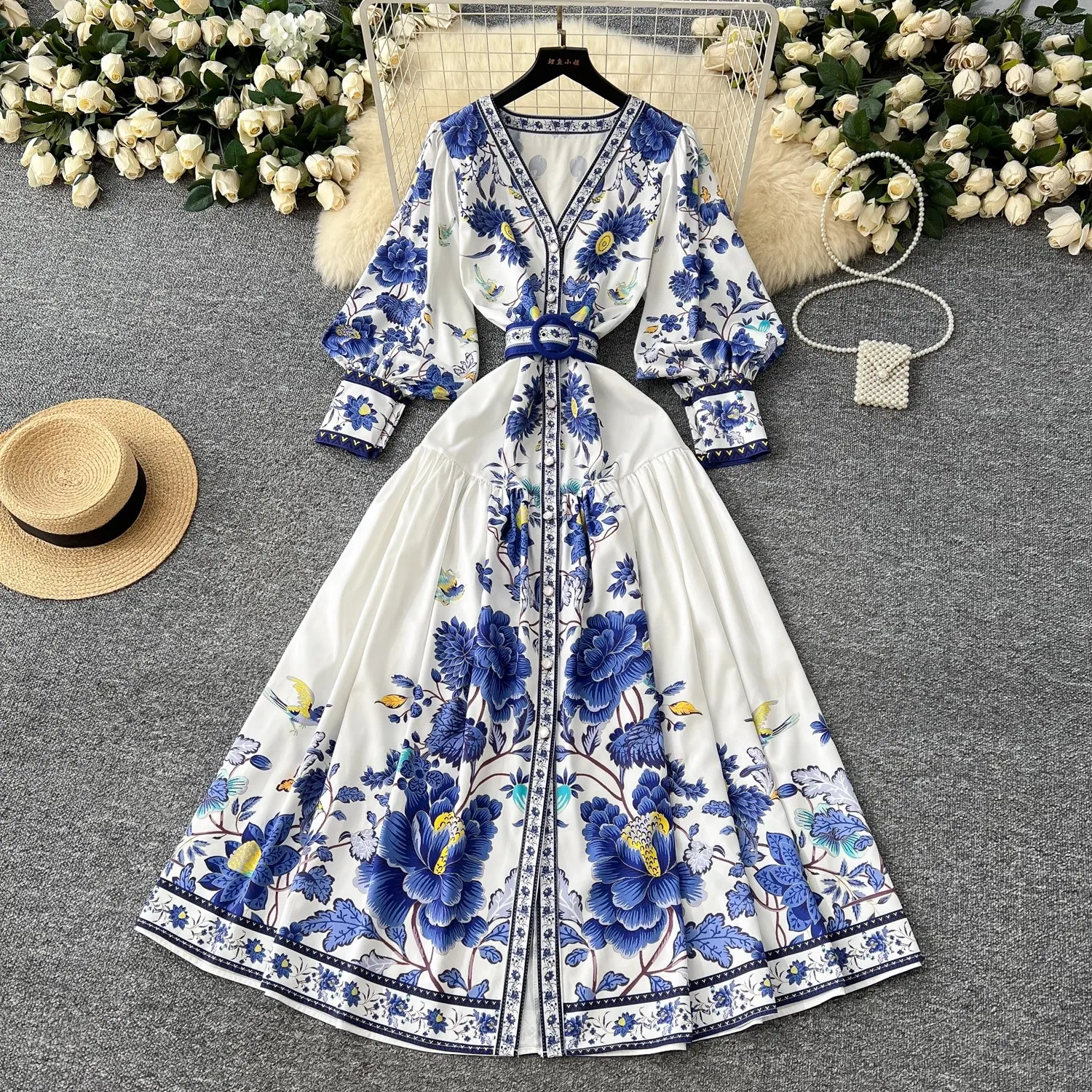 Vacanza estiva Boho Splendido fiore Maxi abito da donna con scollo a V manica a lanterna stampa floreale cintura monopetto abiti lunghi da festa