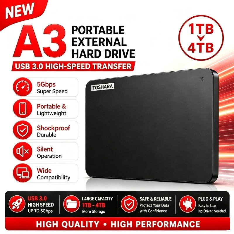 Portable Hard Drive A3 SSD 500GB 1TB 2TB 4TB SSD Black External Hard Drive USB 3.0 Portable for Gaming Console Office Gift