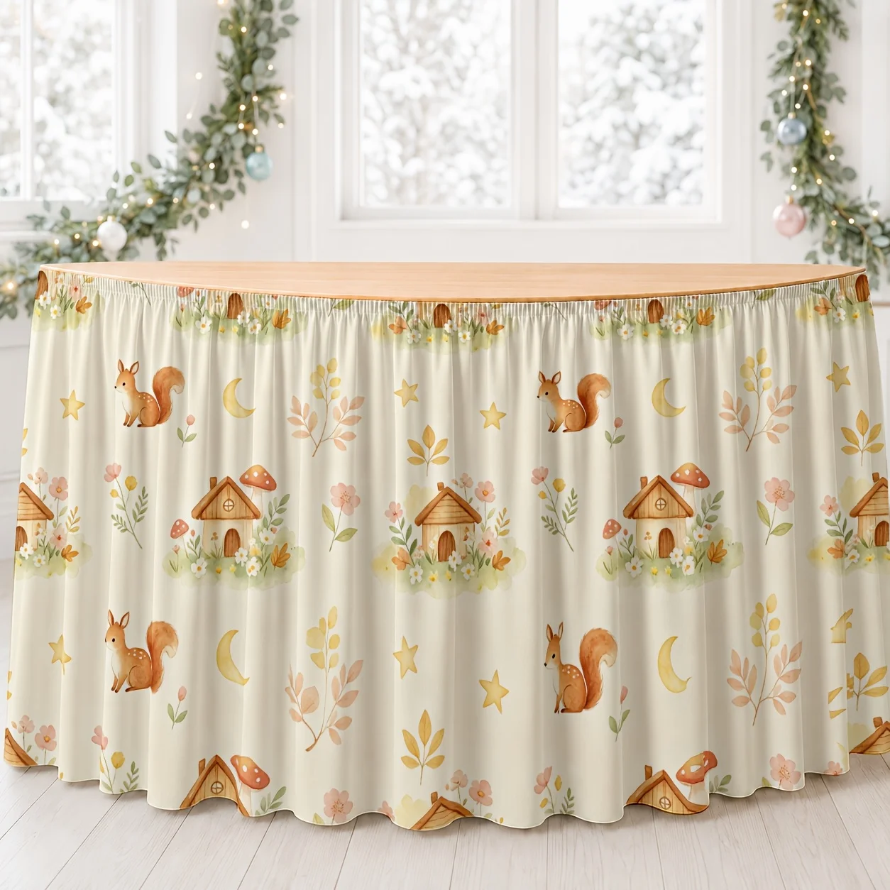 Soft Watercolor Woodland Seamless Pattern Party Tablecloth Table Skirt, Squirrel Cabin Mushroom Floral