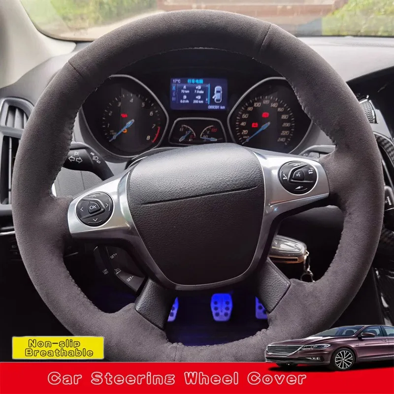 

Замшевый кожаный чехол на руль автомобиля с ручным шитьем для Ford Focus 3 2012 C-MAX 2011 KUGA Escape 2013-2016, автомобильные аксессуары