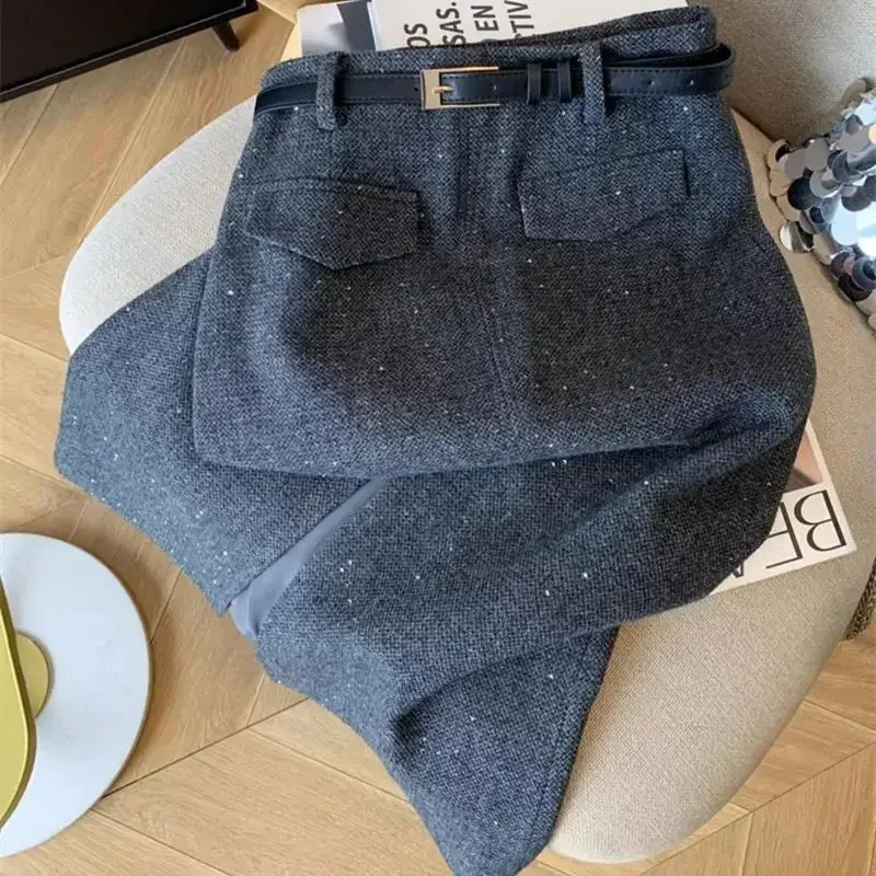 ใหม่หรูหราเลื่อมกระโปรงผู้หญิงฤดูใบไม้ผลิฤดูใบไม้ร่วงElegant HighเอวSlimแยกOffice Lady WoolenกระโปรงMidi Faldasเสื้อผ้า