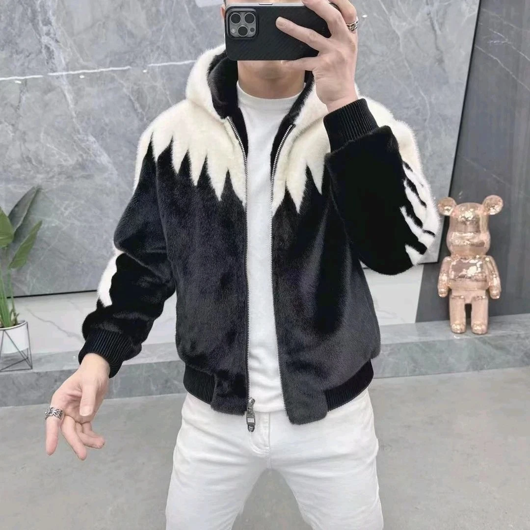 Chaqueta de piel sintética de retales de piel de visón dorada de invierno para hombre, chaqueta cálida con capucha gruesa, ropa de calle informal de negocios, abrigo Social