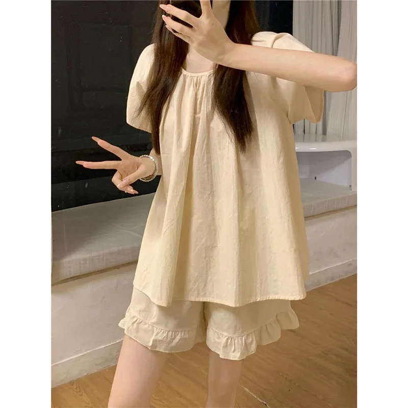 Ruffles Sleepwear Women Pajama Sets Korean Piiama Sets 2 Pieces Summer Night Wears Solid Short Sleeve Pyjamas Home Suit 2024 New