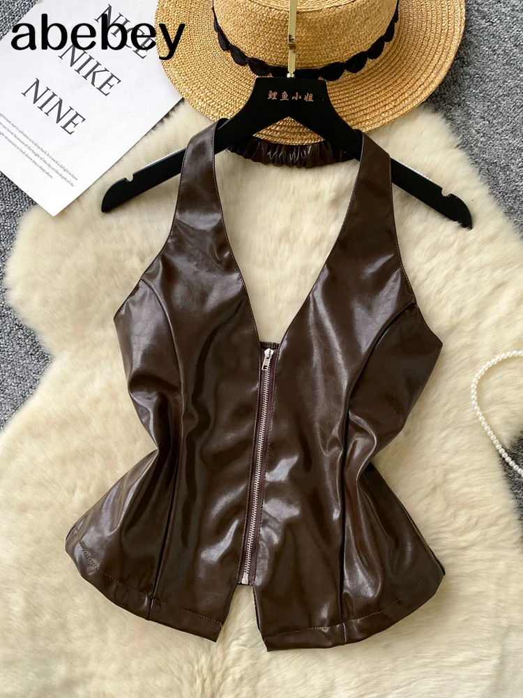 Women Aesthetic Leather Vest Crop Halter Deep V-Neck Tops Summer Solid Color Metal Buckle Backless Sleeveless Shirts