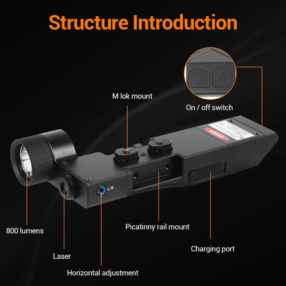 Imagem -03 - Luz Recarregável de Arma de Perfil Baixo Mira Laser Verde Combinação de Luz de Arma Compatível com Trilho M-lok Picatinny 800 Lumens