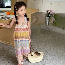 Vintage Ethnic Style Kids Girl Casual Rompers Loose Boho Casual Jumpsuits Sleeveless Print Strappy Jumpsuit