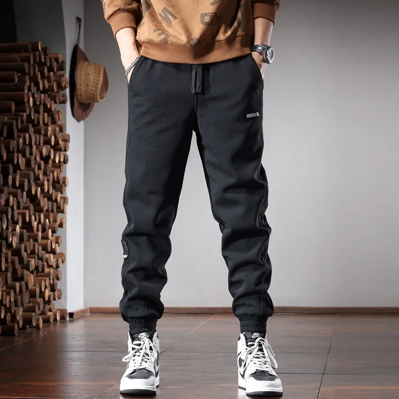 Autumn Black Elastic Sports Pants Men Fashion Casual Baggy Drawstring Jogging Trousers