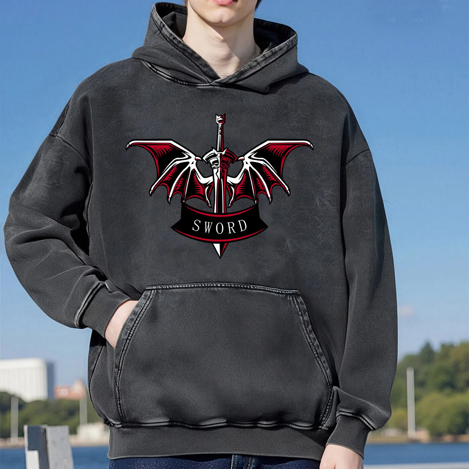 سويت شيرت بقلنسوة بنمط مغسول على شكل سيف مجنح للجنسين نمط رياضي غير رسمي مصنوع من القطن الخالص نمط الشارع 400 جرام