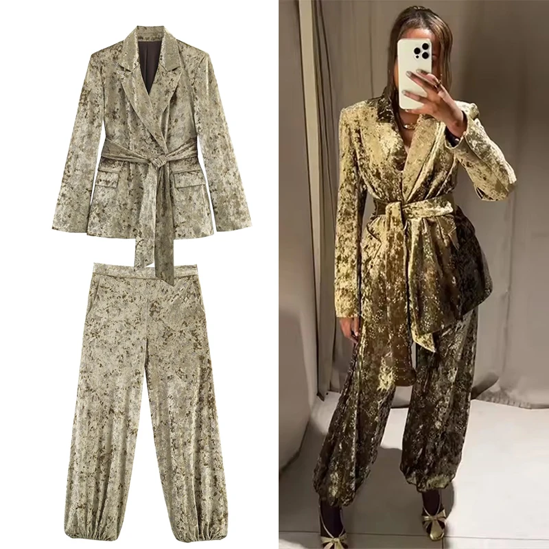 

Women’s Velvet Suit 2025 New Fashion Suit Long Sleeves Button Top With Belt +Leisure Pants Two Piece Set Women Elegant Suit