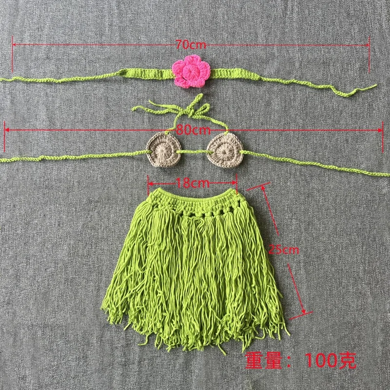 Beach Bikini Sets Newborn Photography Outfits Props Knitting Headdress, Bra and Grass Skirt Cute Infant Beach Photos Accessories