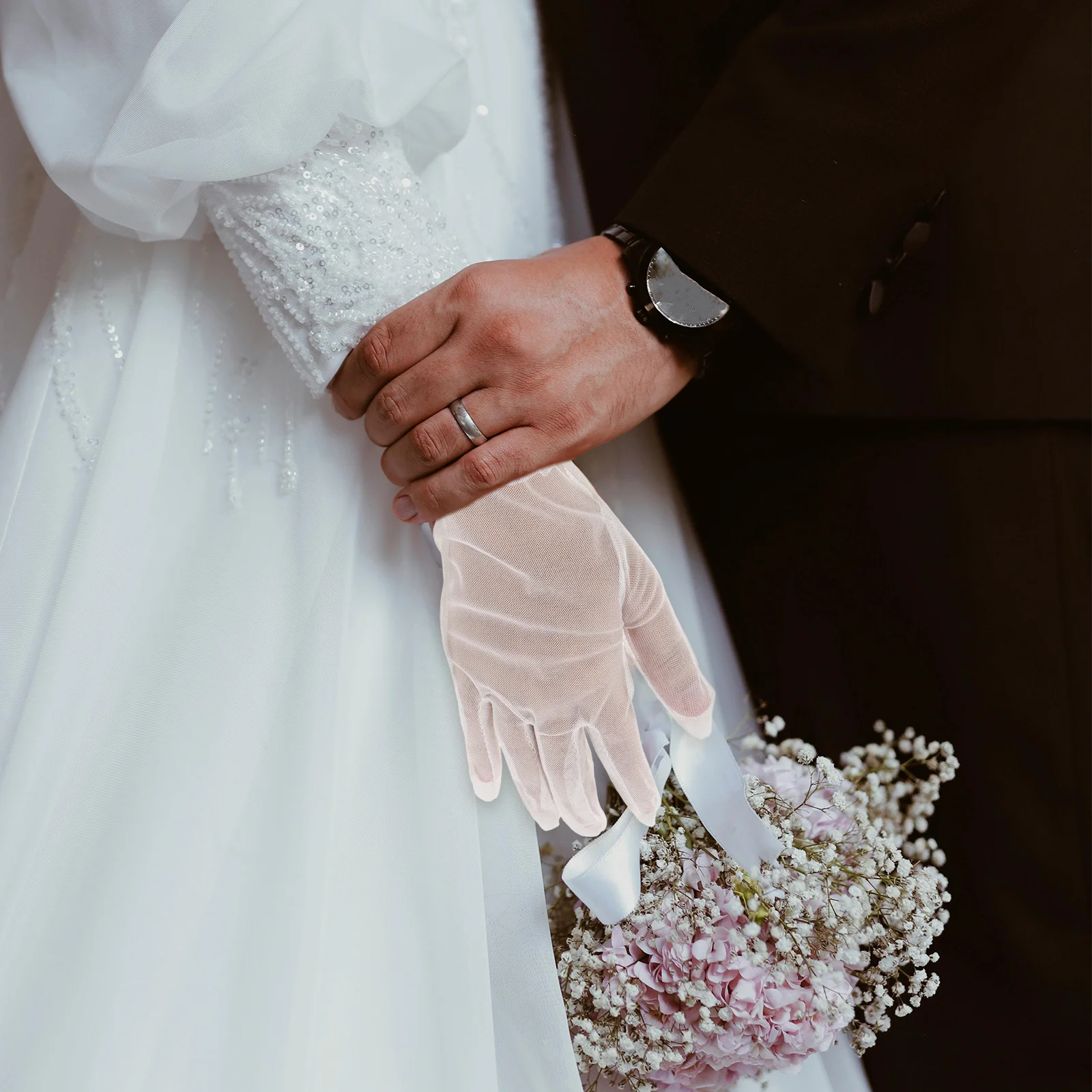 1 par de acessórios de casamento luvas de gaze de noiva elegantes luvas de malha branca para festa de noiva cerimônia formal acessórios de casamento