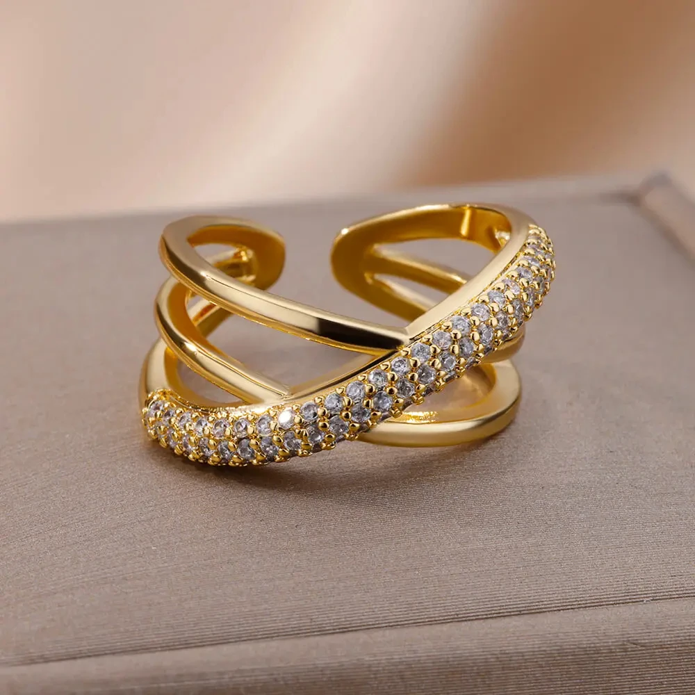 Zirkon Doppel Kreuz Form Ringe Für Frauen Vergoldet Edelstahl Kreuz Ring Luxus Hochzeit Paar Ästhetischen Jewerly Geschenk