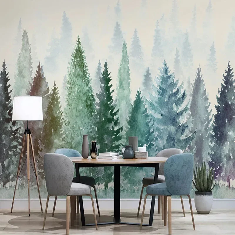 Mural de pared 3D personalizado, papel tapiz fotográfico moderno pintado a mano, árbol de acuarela, bosque brumoso, fondo Fresco para sala de estar