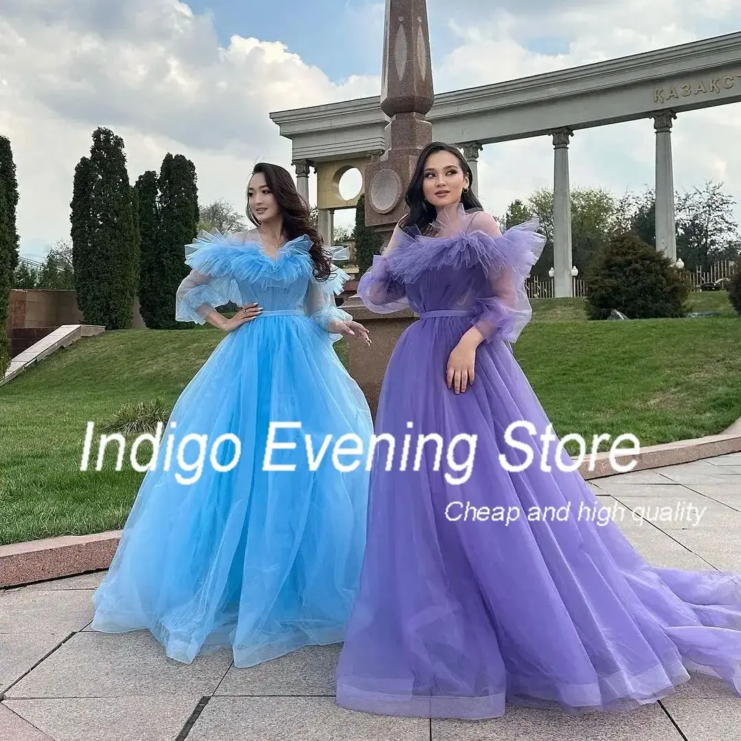 Indigo-Mulheres Off-Shoulder Tule até o chão Prom Dresses, A Line, Vestido para ocasiões formais, Vestido de noite, 2022