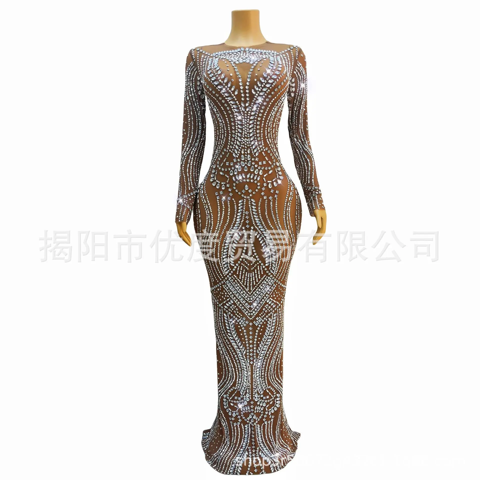 

Elegant Crystal Bright Rhinestone Mesh Slim Temperament Dress Cocktail Birthday Party Night Performance Long Dress Frost Leaves