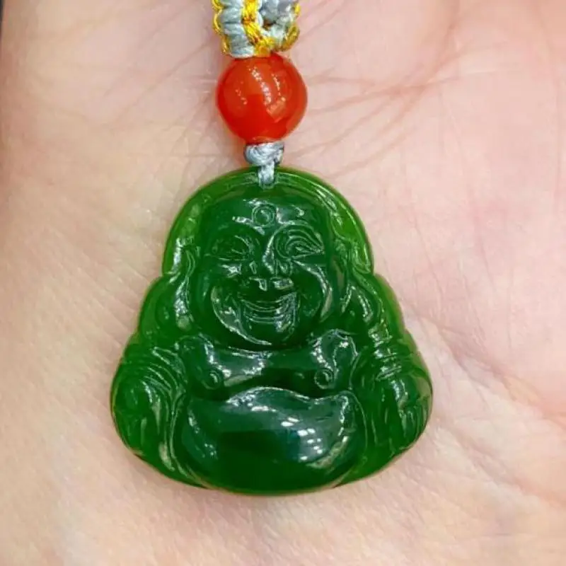 Grade A Green Jade Buddha Pendant Necklace Men Women Genuine Hetian Jades Nephrite Maitreya Laughing Buddha Lucky Charms Amulets