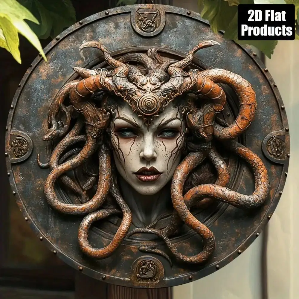 Medusa Gorgon 2D Flat High Definition Metal Wall Art Greek Mythology Fantasy Snake Hair Woman Antique Bronze Statue Circular Shi