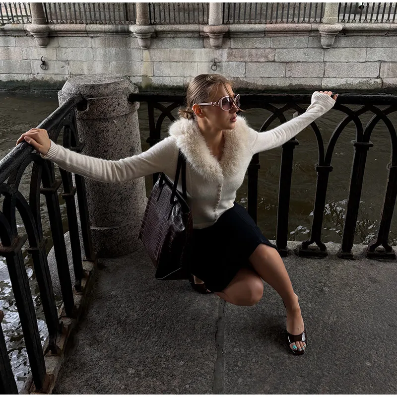 Cable Knit Cardigan with Faux Fur Collar — product details 37