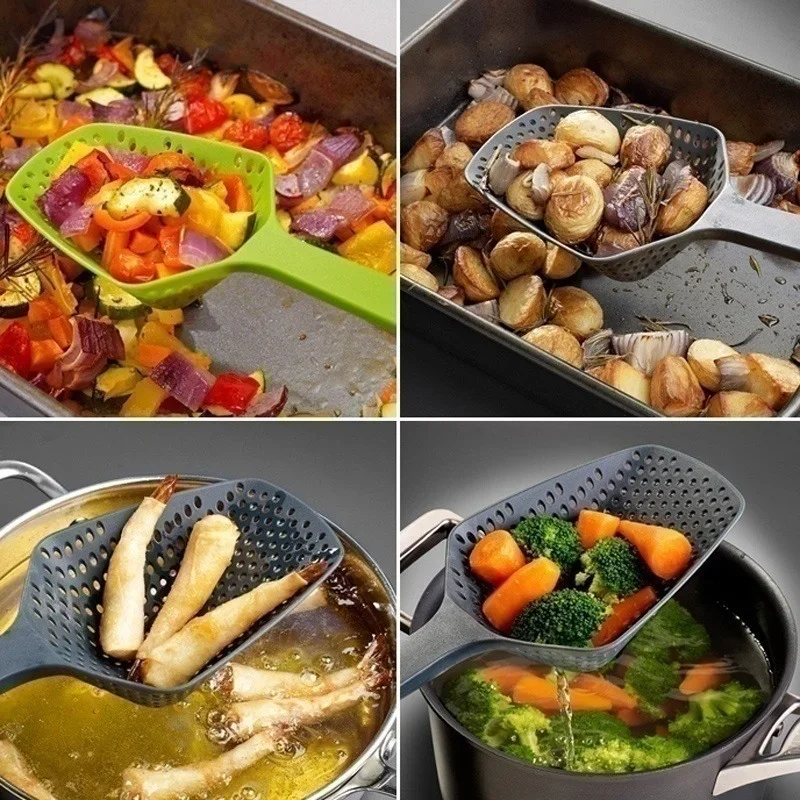 13.5'' Large Strainer Spoon - Long Handle Pasta Colander for Spaghetti, Noodles & Veggies, Black/Red/Green Kitchen Tool