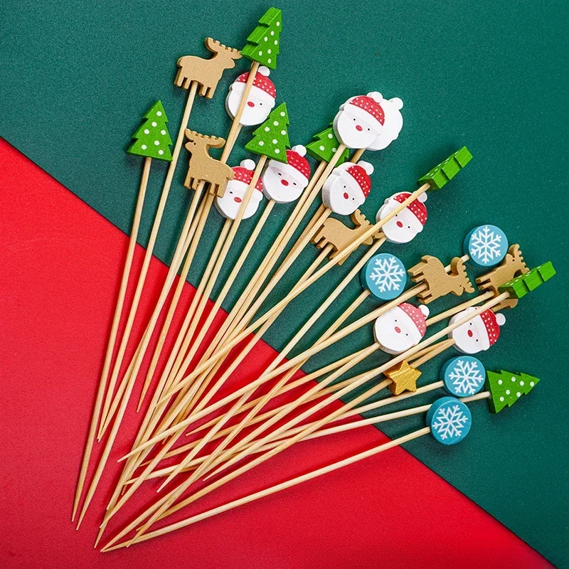 

100PCS Disposable Bamboo Skewers Christmas Bamboo Sticks for Cake Food Cupcake Fruit Fork Weddings Christmas Party Decorations