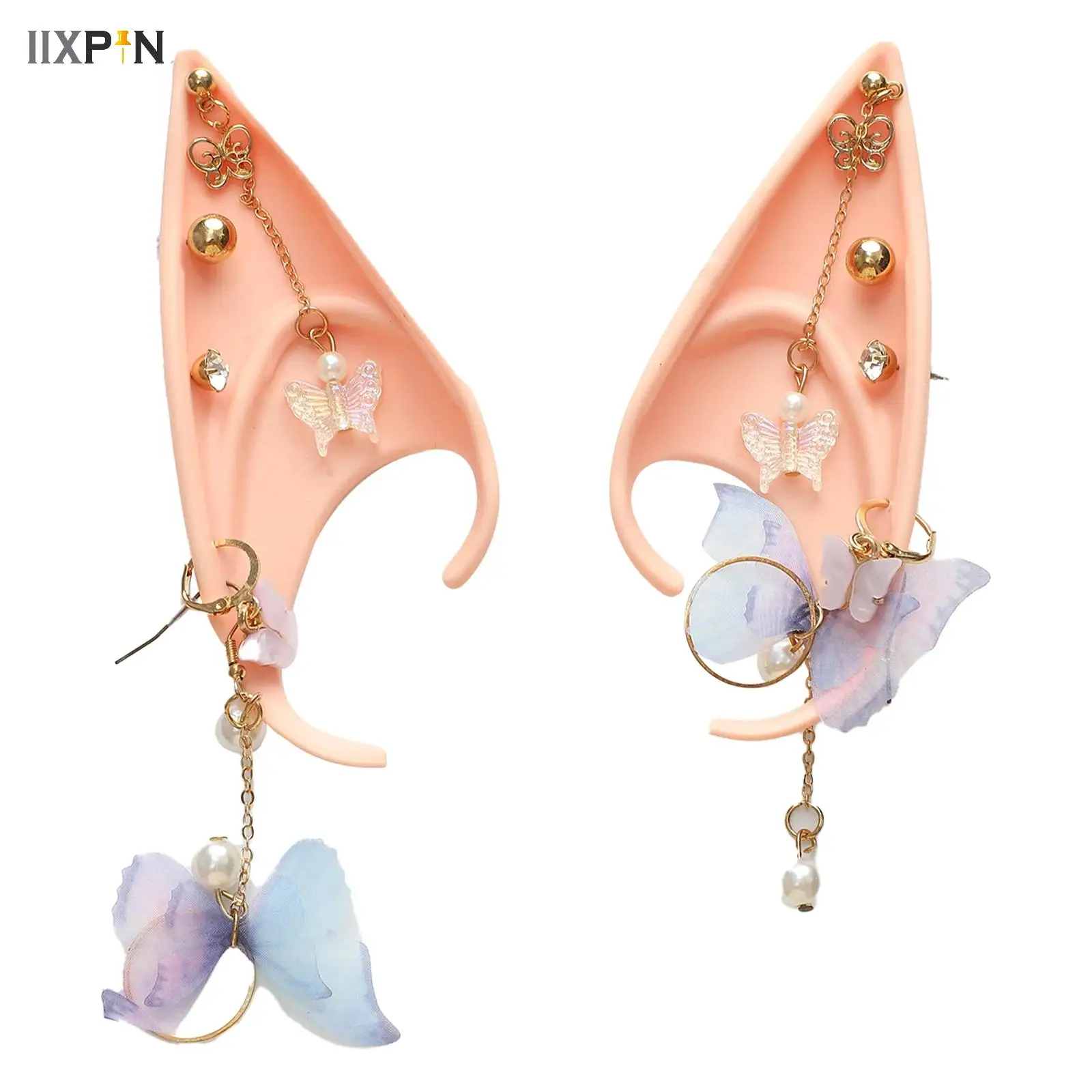 1 Pair Fairy Elf Ears with Butterfly Non-Piercing Faux Pearls Dangle Earrings Rubber Fake Ears Masquerade Cosplay Accessories