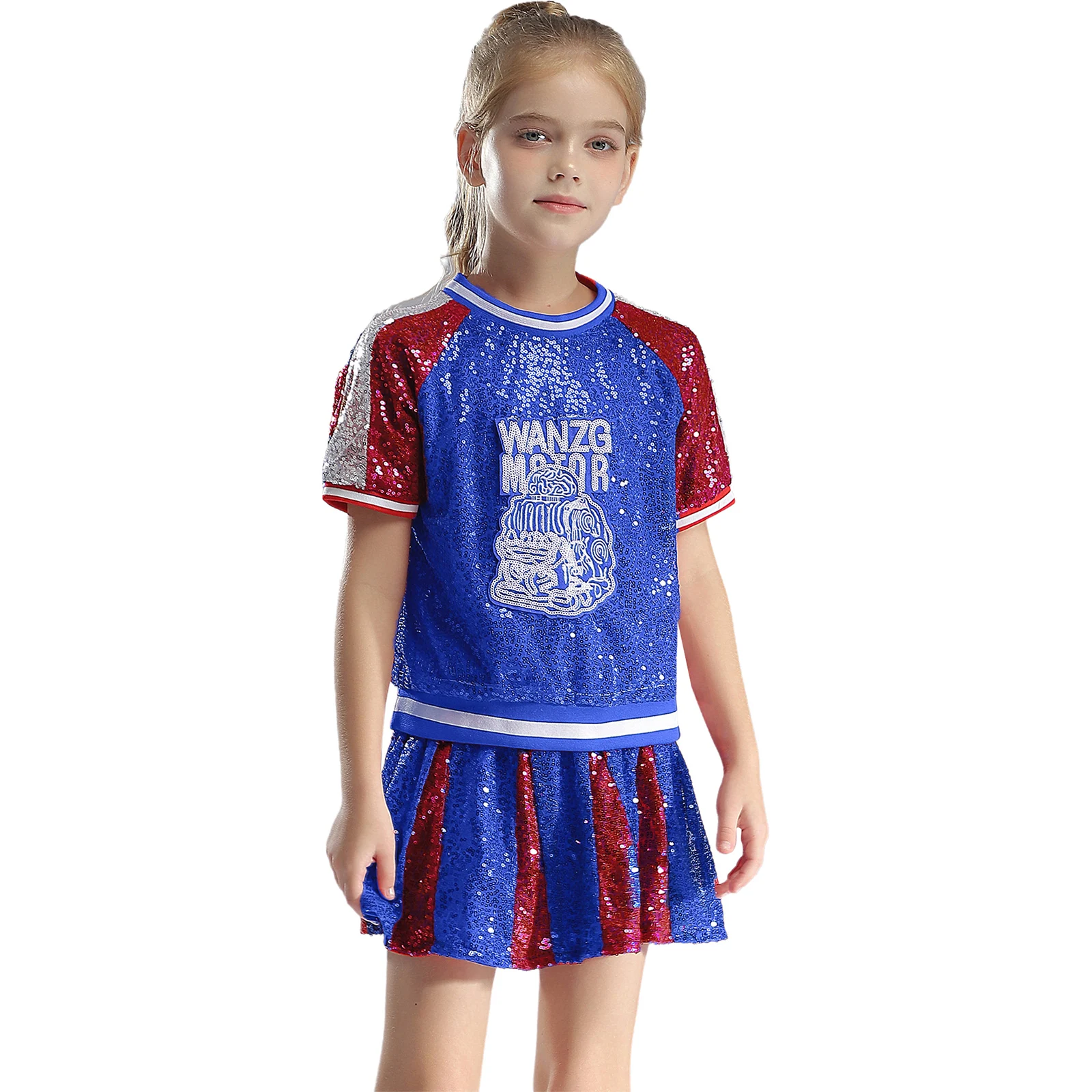 Girls Sequin Jazz Dance Cheerleading Dancewear Short Sleeve Tops with Skirt Shorts Sport Meeting School Party Performance Outfit