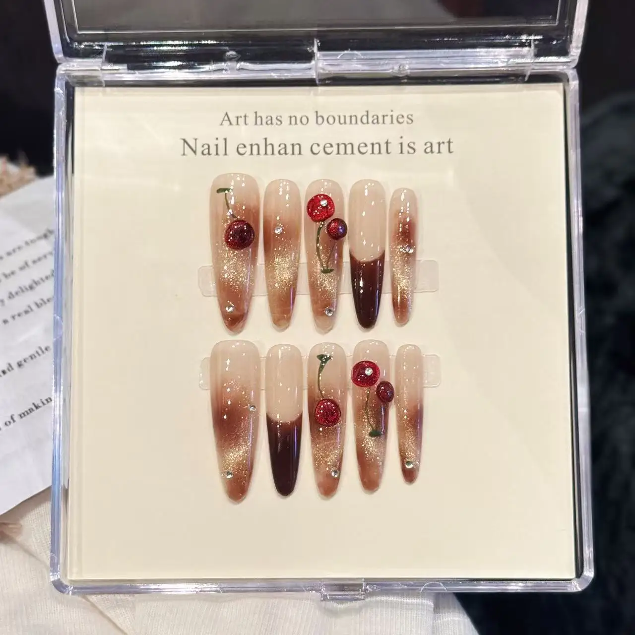 

10PCS Autumn and Winter Smudging White Tortoiseshell Amber Cherry Pure Armor Handmade False Nails Press on Nail Tip Art