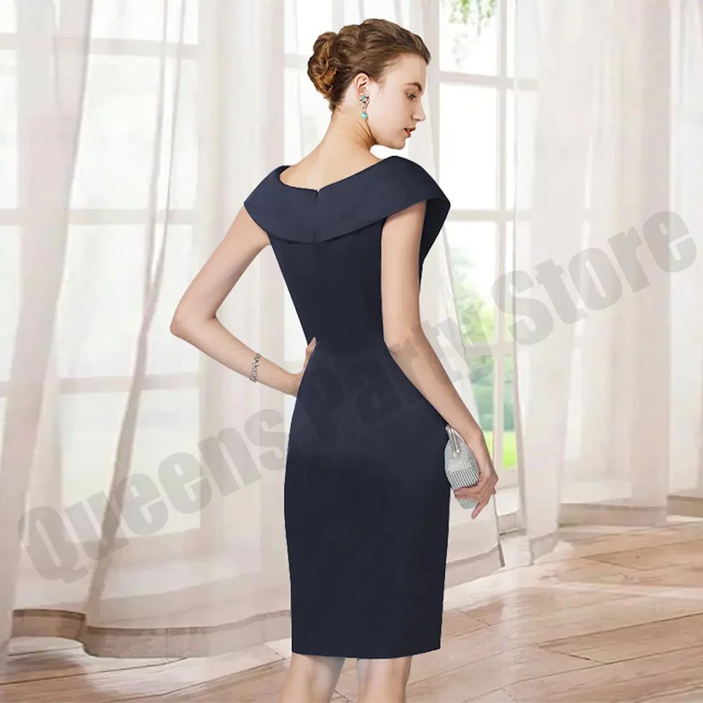 Short Mother of The Bride Dress Customized Banquet Party Dresses Navy Cap Sleeve V Neck Beading Knee Length Wedding Guest Gown