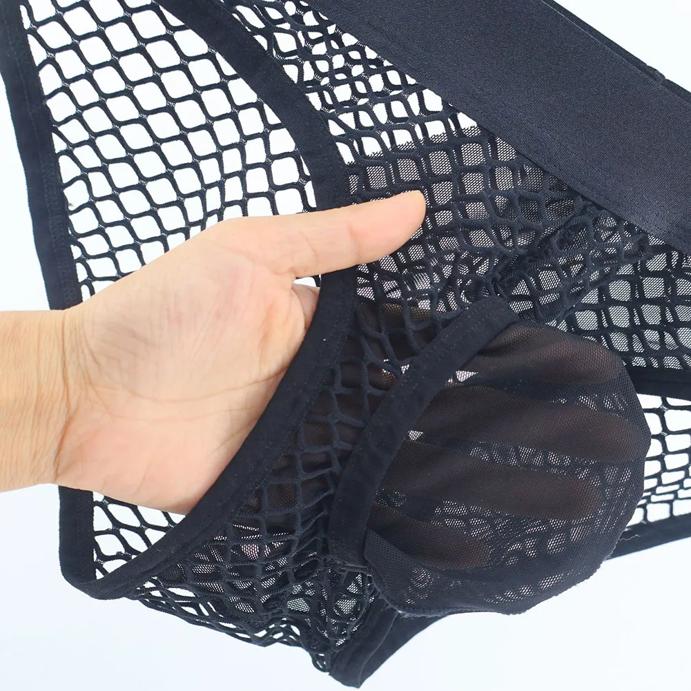 الرجال مثير جوفاء شبكة منتصف الارتفاع رقيقة موجز شبكة صيد السمك كبيرة الانتفاخ الحقيبة الملابس الداخلية للرجل الساخن السروال انظر من خلال الذكور مثير سراويل #5