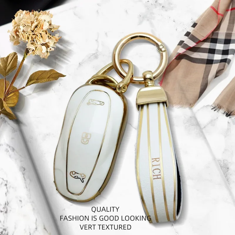 

Luxurious Golden Edge Remote Car Key Case Full Cover Protective Shell For Tesla Model 3 Model S Keychain Auto Accessories