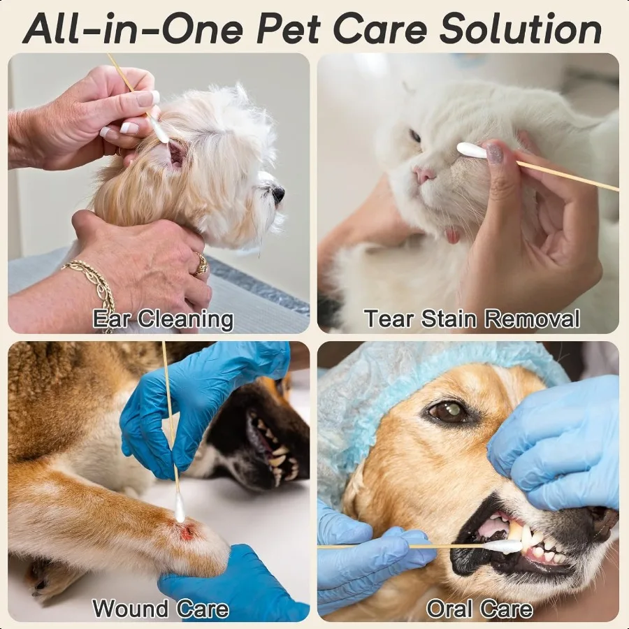 100개 대형 면봉 (반려동물 관리용) 6인치 길이 대나무 손잡이 전문가용 강아지 귀 청소 면봉 흡수력 좋은 대형 면봉