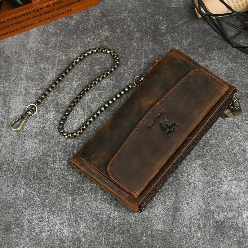 New Retro Long Wallet Multicard Slot Head Layer Mad  Cowhide Leather Anti-Theft Phone Bag for Youth Travel Handbag