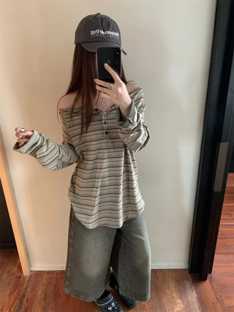 Autunno moda coreana top sottili donna vestibilità ampia manica lunga bottone colletto obliquo strisce casual retrò elegante camicetta pullover