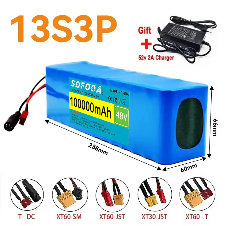 2025 Новый литий-ионный аккумулятор 48 В, 100 Ач, 2000 Вт, 13S3P DC/T, подходит для двигателей 48 В с зарядным устройством BMS + 54,6 В