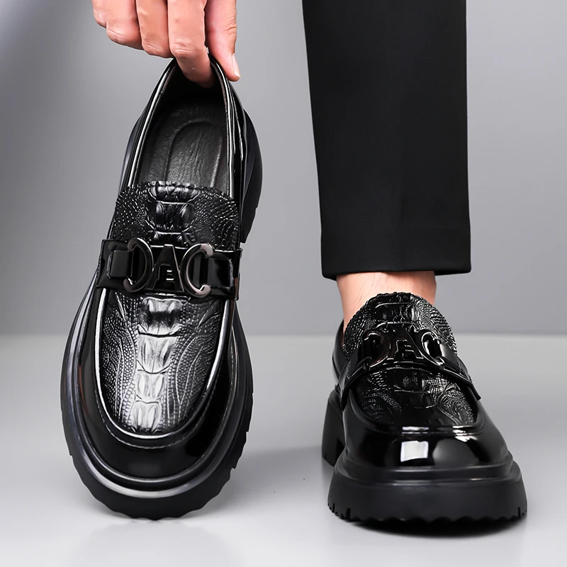 أحذية أكسفورد مريحة للرجال عالية الجودة، أحذية أكسفورد عصرية ذات نعل سميك من جلد التمساح، أحذية جلدية رسمية برباط للأعمال