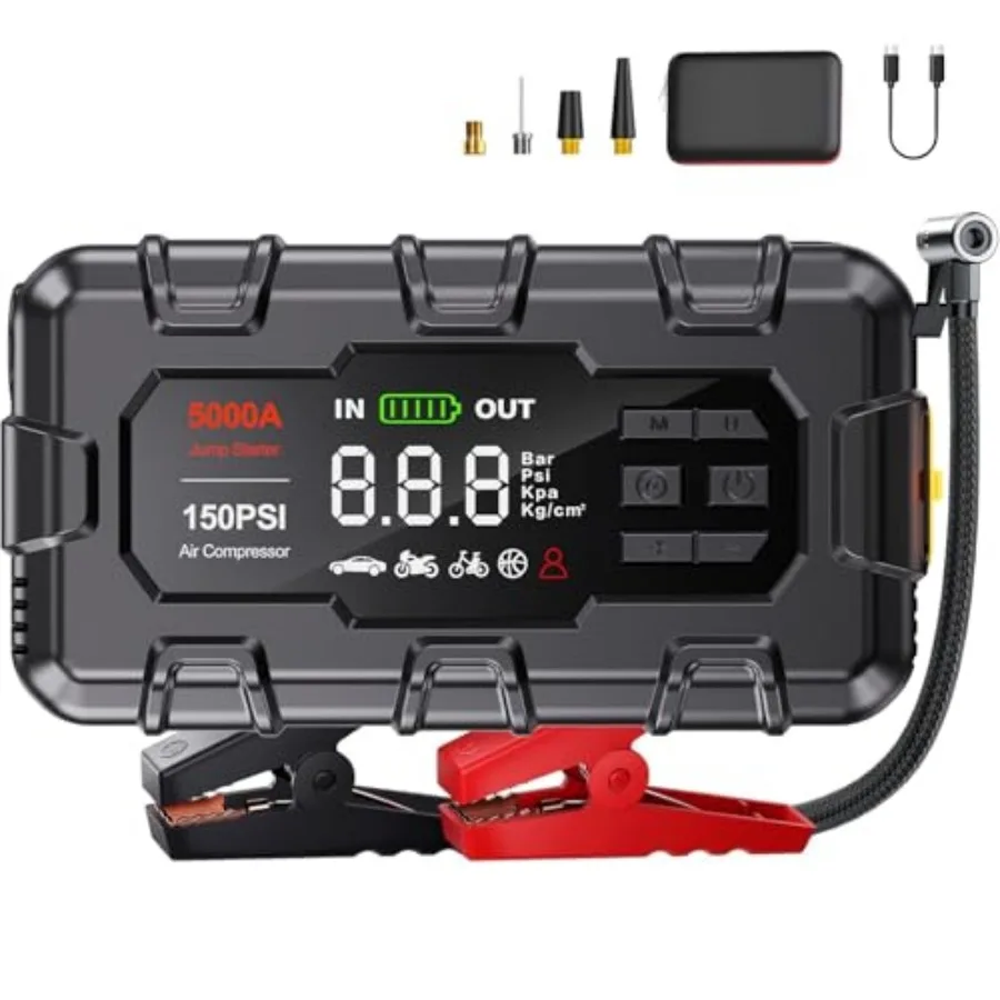 

Jump Starter with Air Compressor 5000A Car Battery Jumper Starter Portable 12V Jump Box with Display PD 45W LED Light Jumper Ca