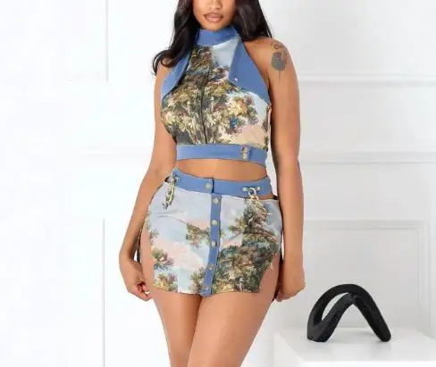 2025 레트로 플로럴 프린트 홀터넥 슬리브리스 베스트와 백 타이 탑 스플릿 숏 스커트 섹시 스커트 세트 (여성용)