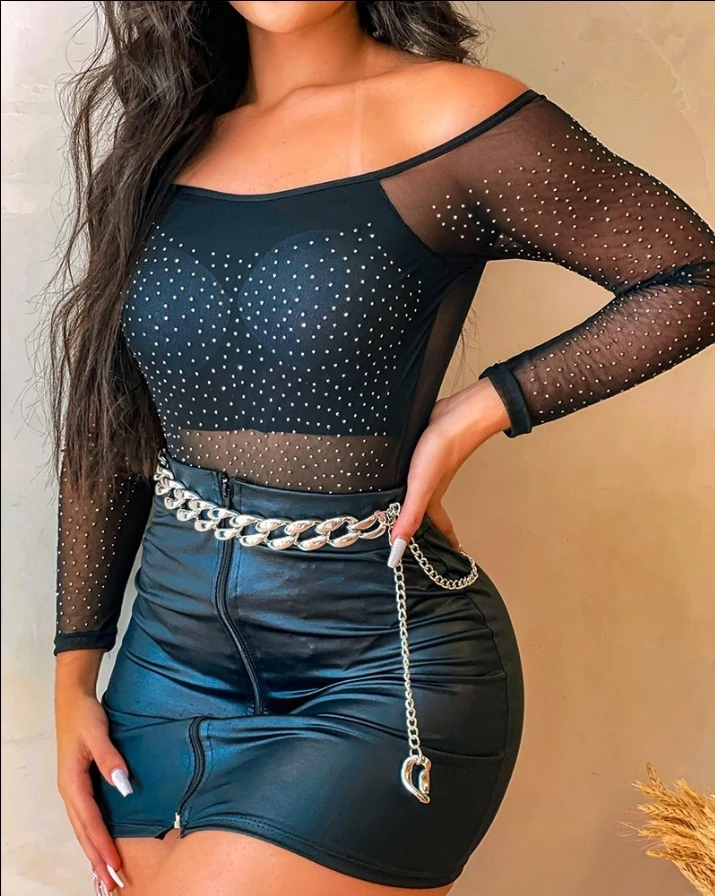 Stylish Girl 2024 Summer Water Diamond Decorative Mesh Long Sleeve and Tight Zipper Mini Skirt Set Without Chain