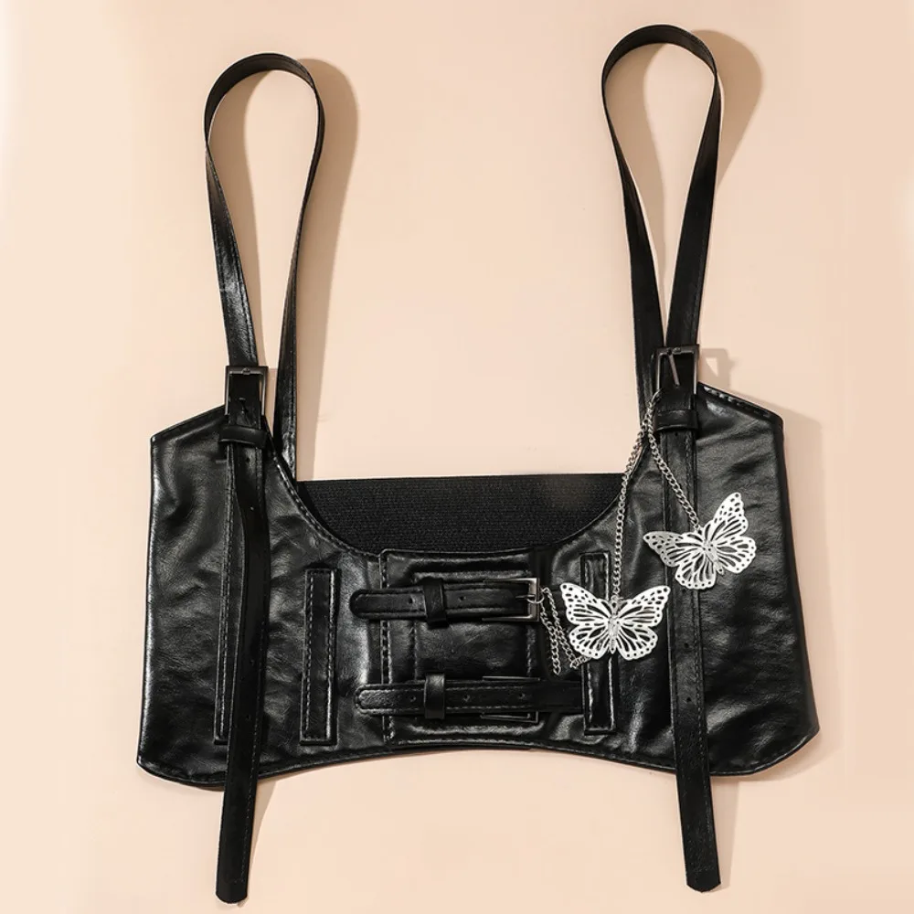 Personalità Bretelle in pelle PU Cintura elastica con fascia Cintura larga regolabile Cintura a vita alta Abito con corsetto a vita alta