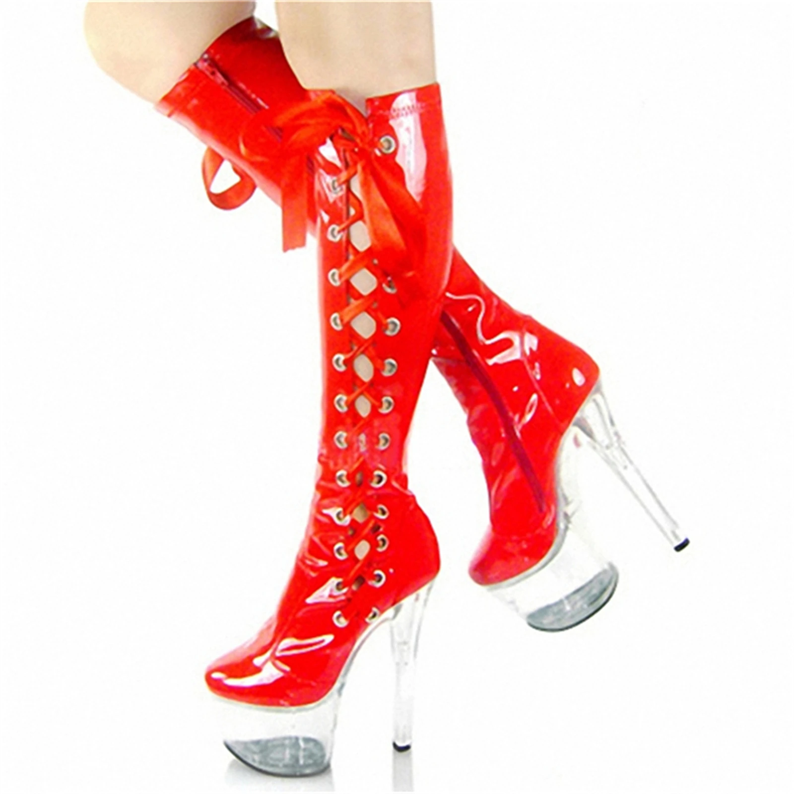 

​17CM Extreme Heel Thigh Boots Bright Red, Patent Leather Ribbon Lace-Up Platform Boots with Clear Chunky Sole, Romantic Fetish