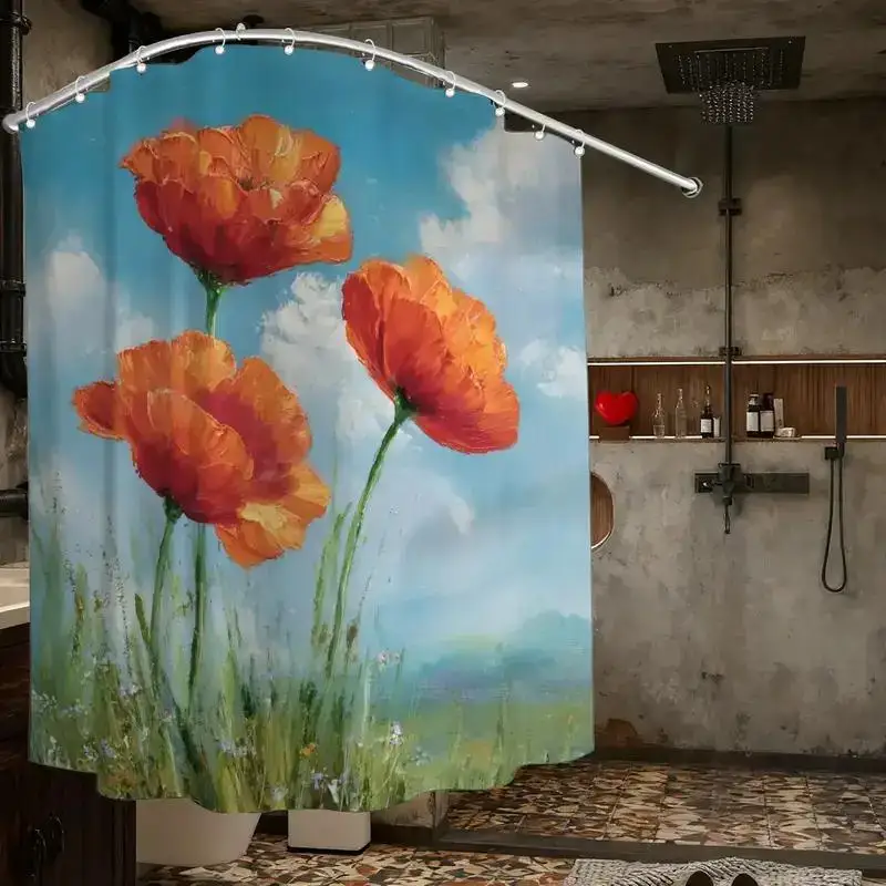 Impressionist Poppy Shower Curtain – Orange Red Poppies, Blue Sky & Green Meadow, 12 Hooks,  Waterproof Floral Bathroom Decor