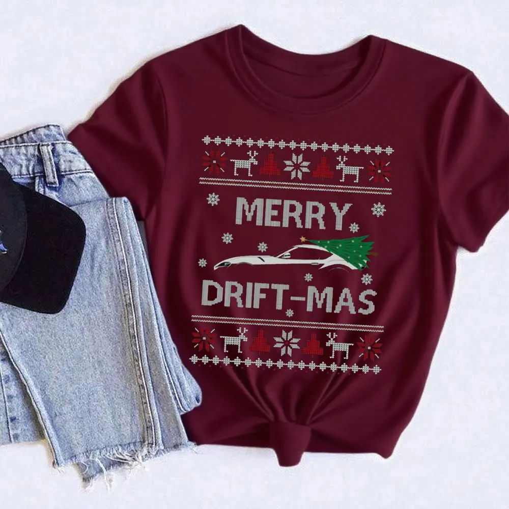 عيد الميلاد المحملة مضحك قبيح عيد الميلاد قميص نمط الرنة ندفة الثلج الرسم سيارة حمراء شجرة عيد الميلاد مرح الانجراف-MAS إقتباس التي شيرت