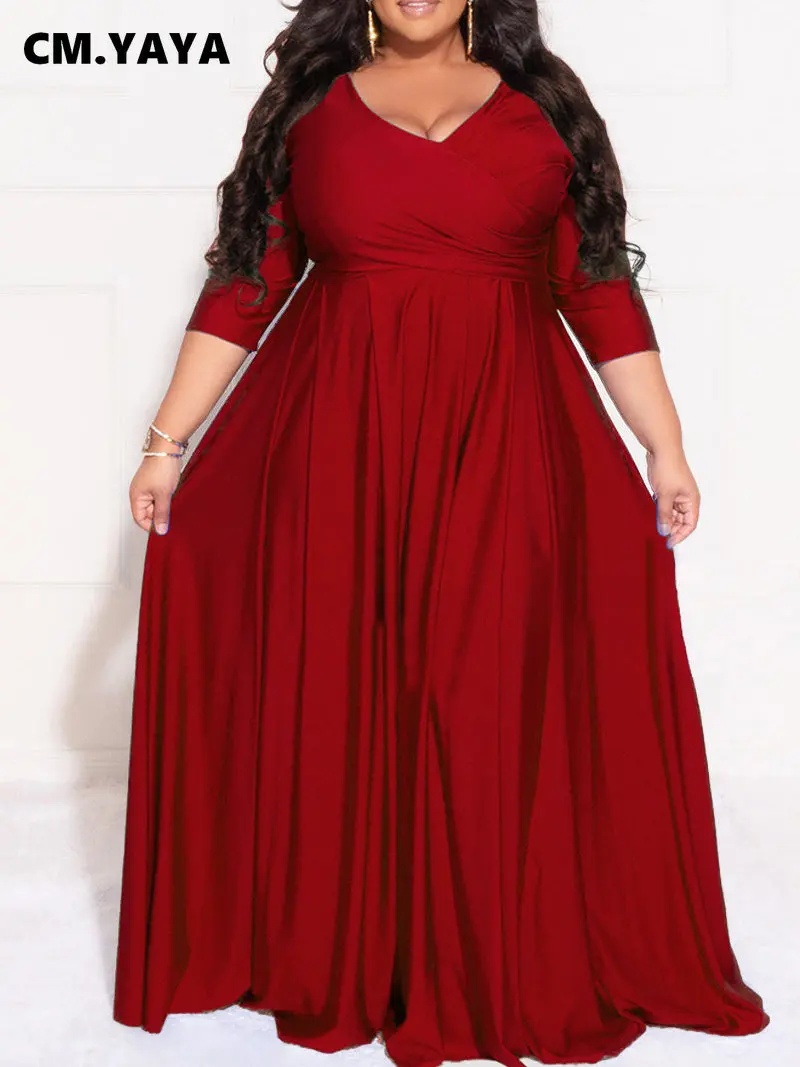 CM.YAYA Plus Size Women Evening Dresses Classic Curve Wrap V-neck Big Swing Maxi Vestidos De Verano Mujer 2022 Party long Dress