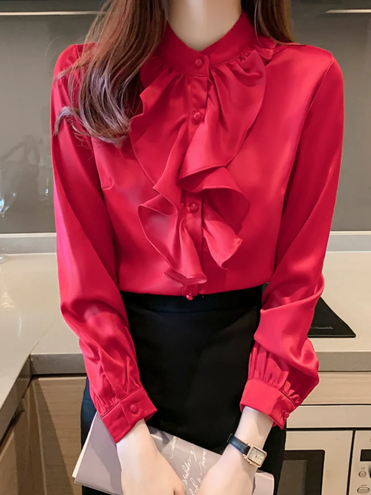 #3122 White Blue Red Office Chiffon Shirts Stand Collar Spliced Ruffles Blouse Femme Elegant Slim Fit Womens Tops And Blouses