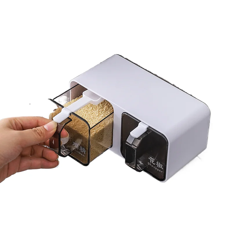 

Wall-mounted Seasoning Box Spice Rack Jar Sugar Bowl Salt Shaker Seasoning Container Spice Boxes with Spoons Kitchen Organizer