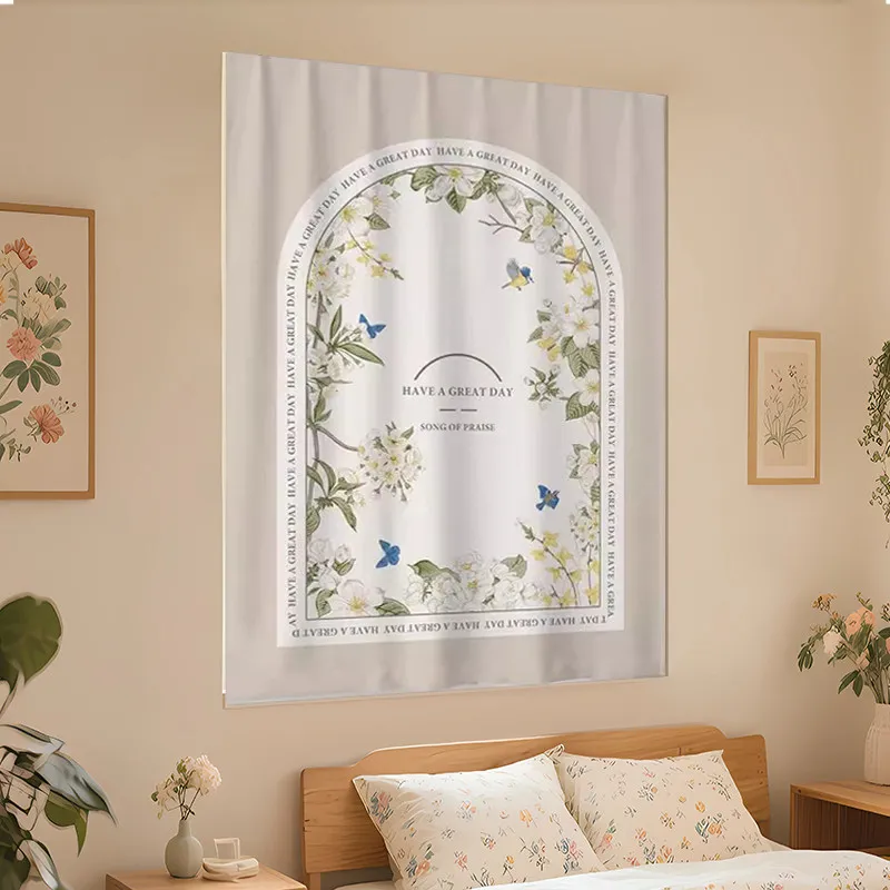 VIKAMA Vintage Floral Butterfly Magic Tape Curtain No Drill Door Curtain Privacy Partition For Home Bedroom Decor