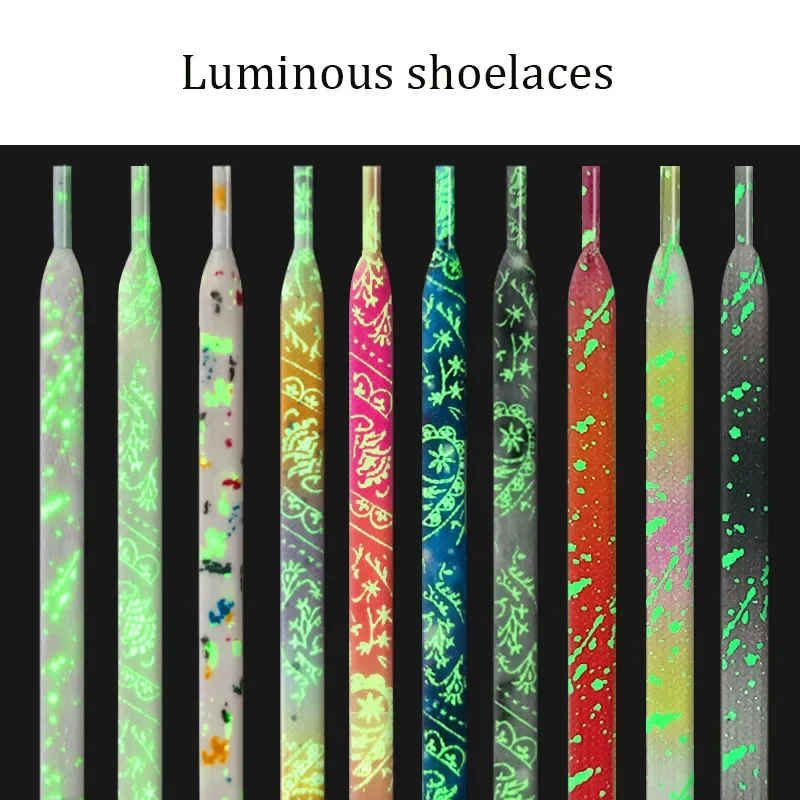 Flat Luminous Shoelaces for Sneakers Fluorescent Glow-in-the-dark Printing Cashew Flower Splash Ink Shoe Laces for AF1 Woman Man